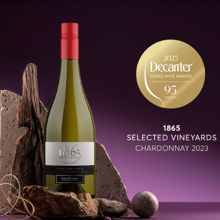Bottle of 1865 Selected Vineyards Chardonnay 2023 with Decanter World Wine Awards 95 points on a purple background