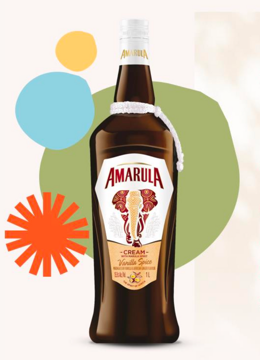 Amarula cream liqueur bottle with colorful abstract shapes in the background