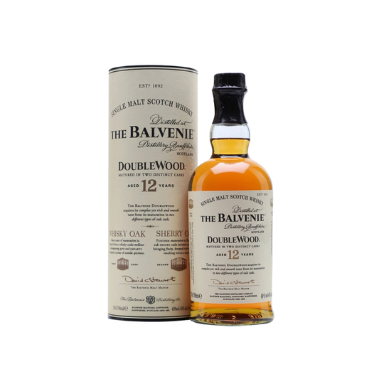 Balvenie Doublewood 12-year-old whisky bottle and box on a white background