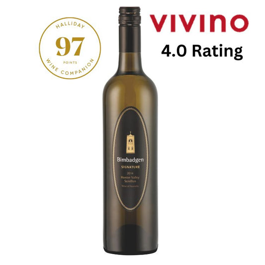 Wine bottle with Halliday Wine Companion and Vivino ratings on a white background