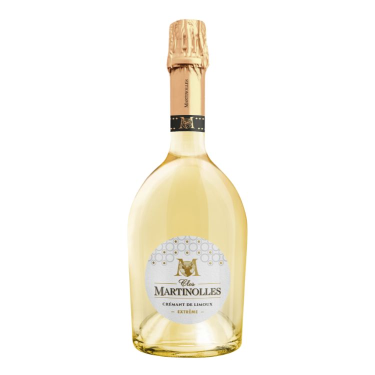 Bottle of Martinolles sparkling wine on a white background