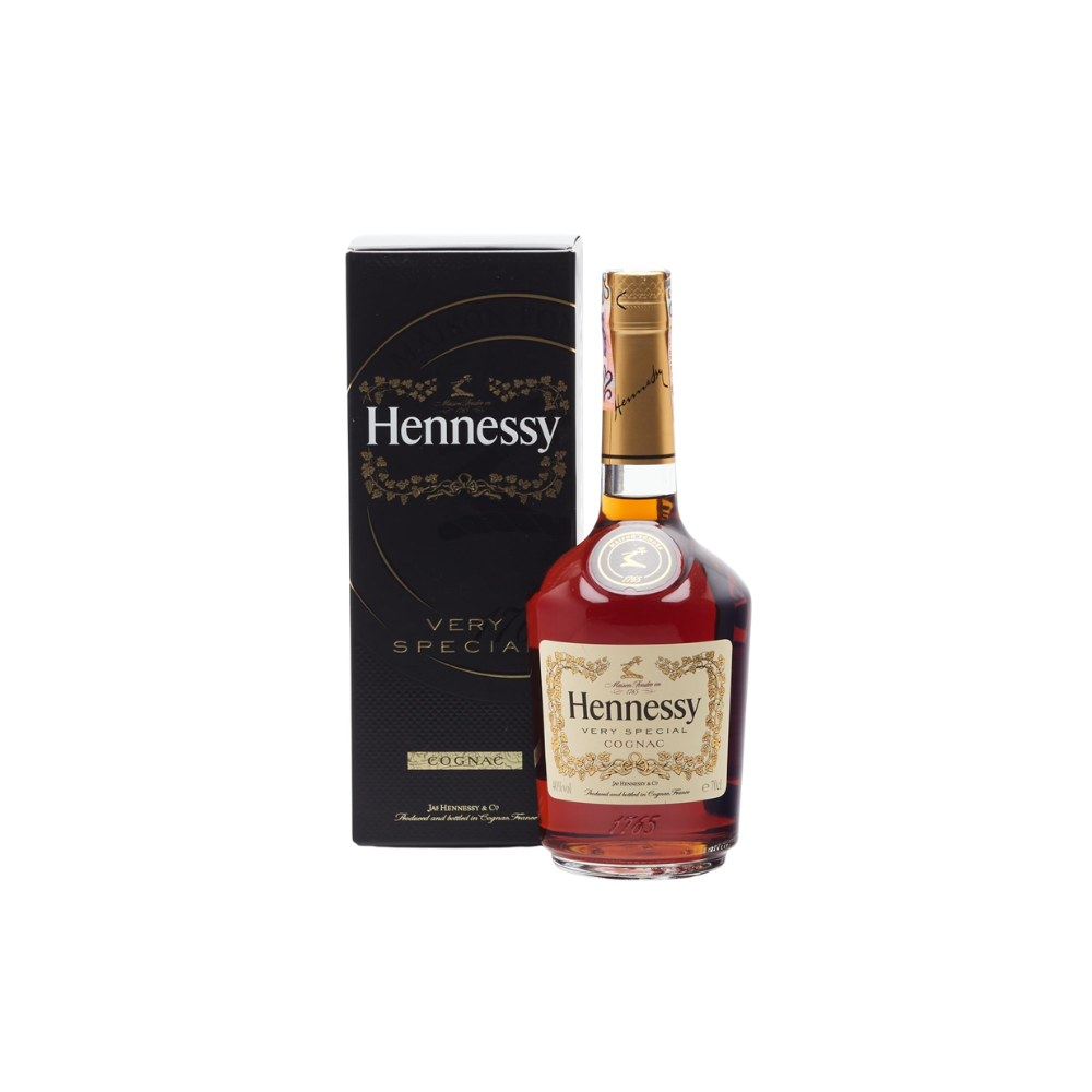Hennessy cognac bottle and box on a white background