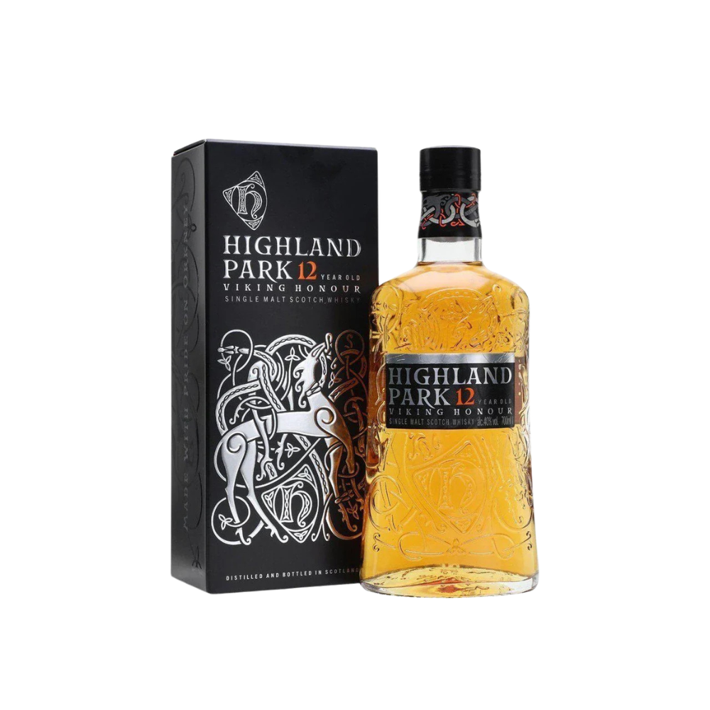 Highland Park whisky bottle and packaging on a white background