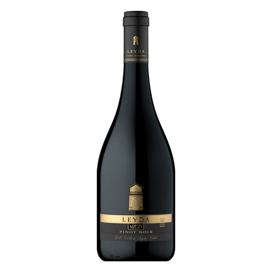 A bottle of Leyda Lot 21 Pinot Noir wine with a label indicating it is a product from Chile, red wine.