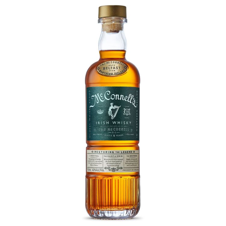 A bottle of McConnell's Irish Whisky with a green label, a gold cap, and a white background.