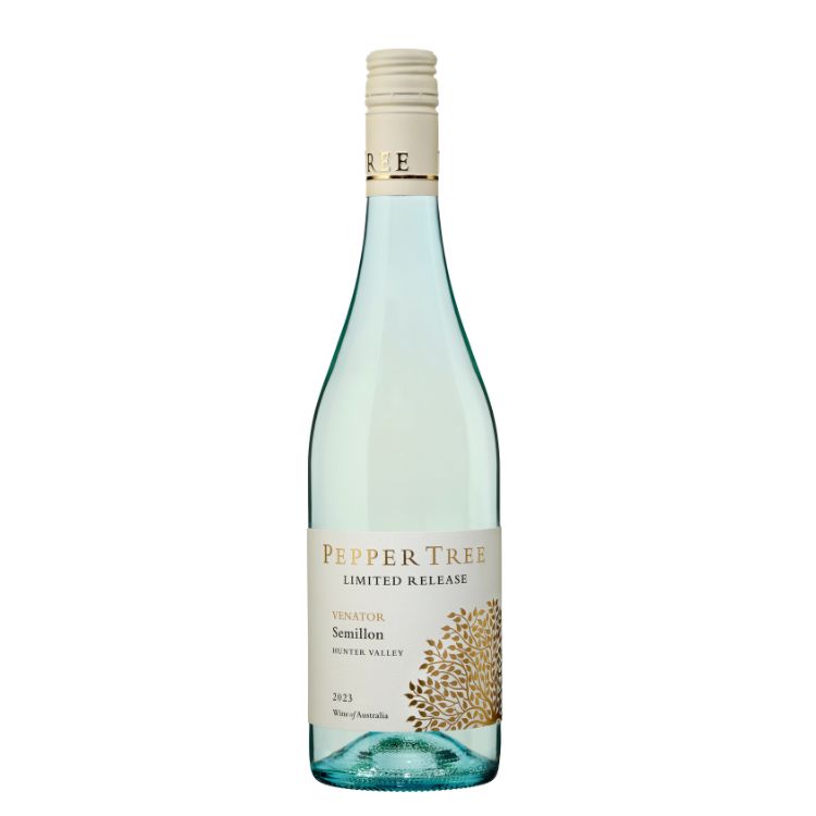 Wine bottle labeled 'Pepper Tree' on a white background
