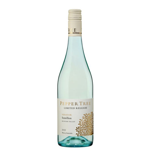 Wine bottle labeled 'Pepper Tree' on a white background