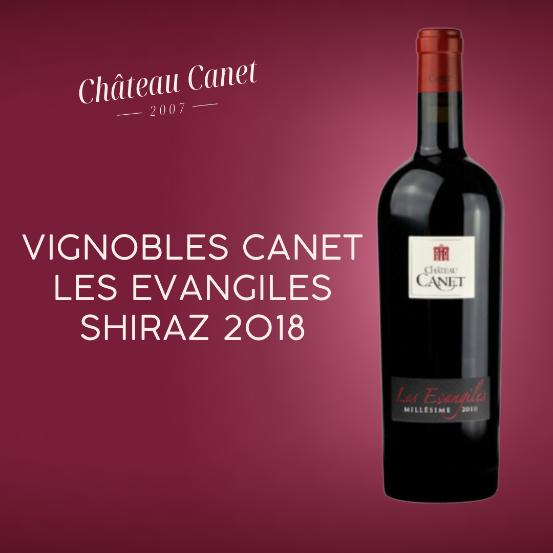 Vignobles Canet Les Evangiles Shiraz 2018 in pinkish fancy background