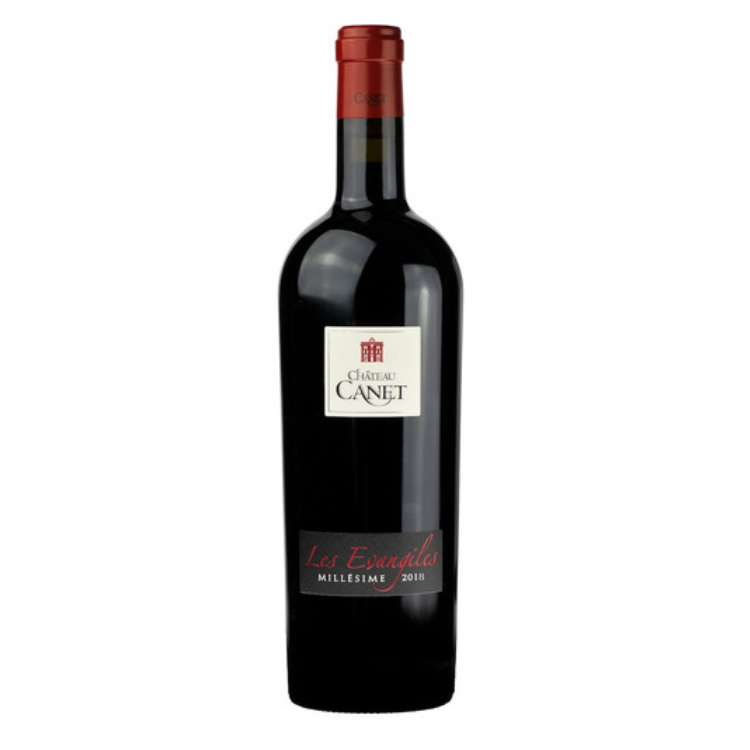 Bottle of Vignobles Canet Les Evangiles Shiraz 2018 wine with a dark background.