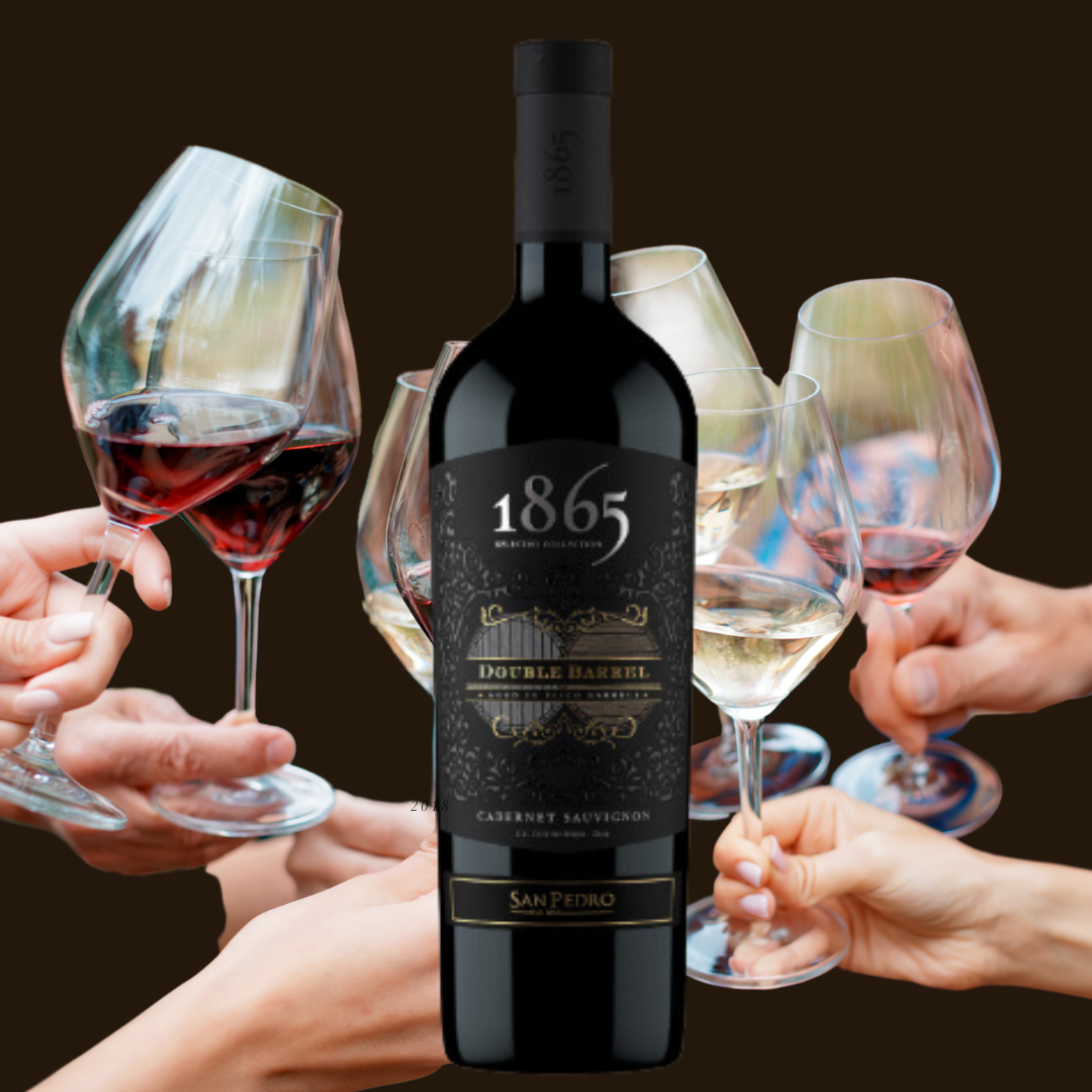1865 Double Barrel Cabernet Sauvignon 2019 - 4.3 Rating with toasting wine glass background