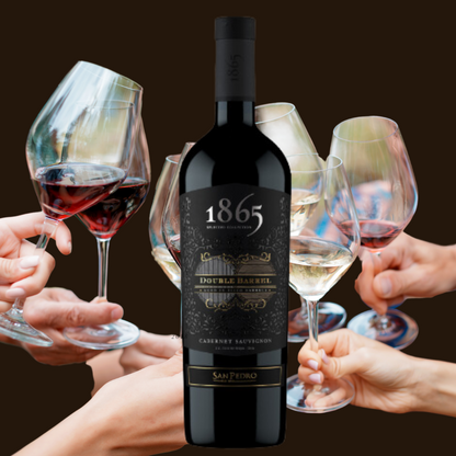 1865 Double Barrel Cabernet Sauvignon 2019 - 4.3 Rating with toasting wine glass background