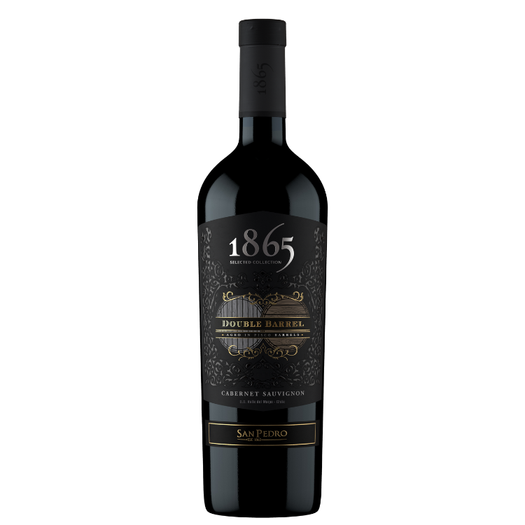 Bottle of 1865 Double Barrel Cabernet Sauvignon wine with a dark label and gold text.