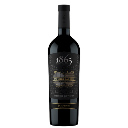 Bottle of 1865 Double Barrel Cabernet Sauvignon wine with a dark label and gold text.