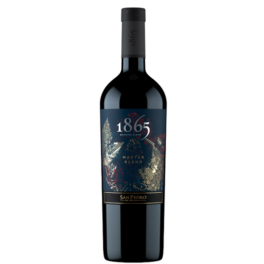 A bottle of 1865 Master Blend 2021 wine with a label showcasing a deep ruby color illustration, reflective of the wine's appearance.
