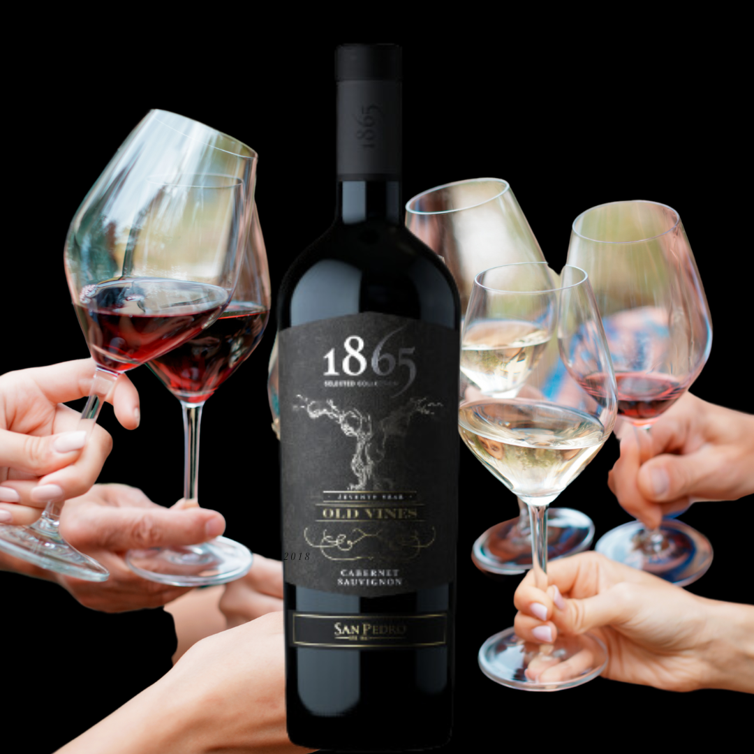 Premium 1865 Old Vines Cabernet Sauvignon 2020 with wine toasting background
