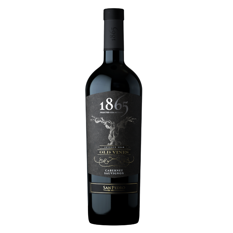 A bottle of 1865 Old Vines Cabernet Sauvignon 2020 wine with a dark label featuring white and silver text and graphics.