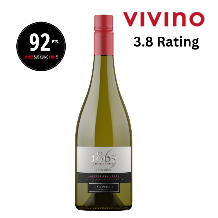 Wine bottle with a Vivino rating and James Suckling logo on a white background