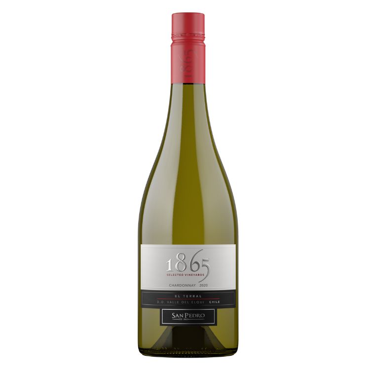 Wine bottle with a red cap and '1865' label on a white background