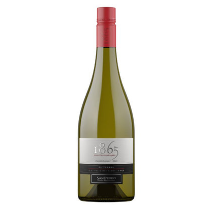Wine bottle with a red cap and '1865' label on a white background