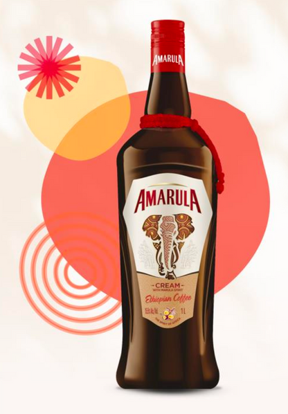 Amarula cream bottle with a red cap on a colorful background
