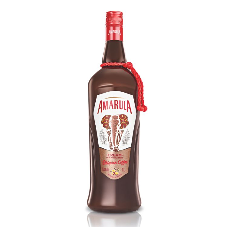 Amarula cream liqueur bottle with a red cap on a white background