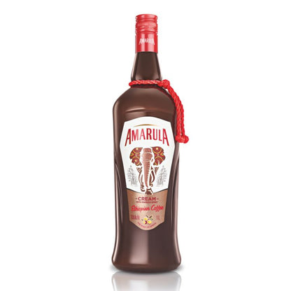 Amarula cream liqueur bottle with a red cap on a white background