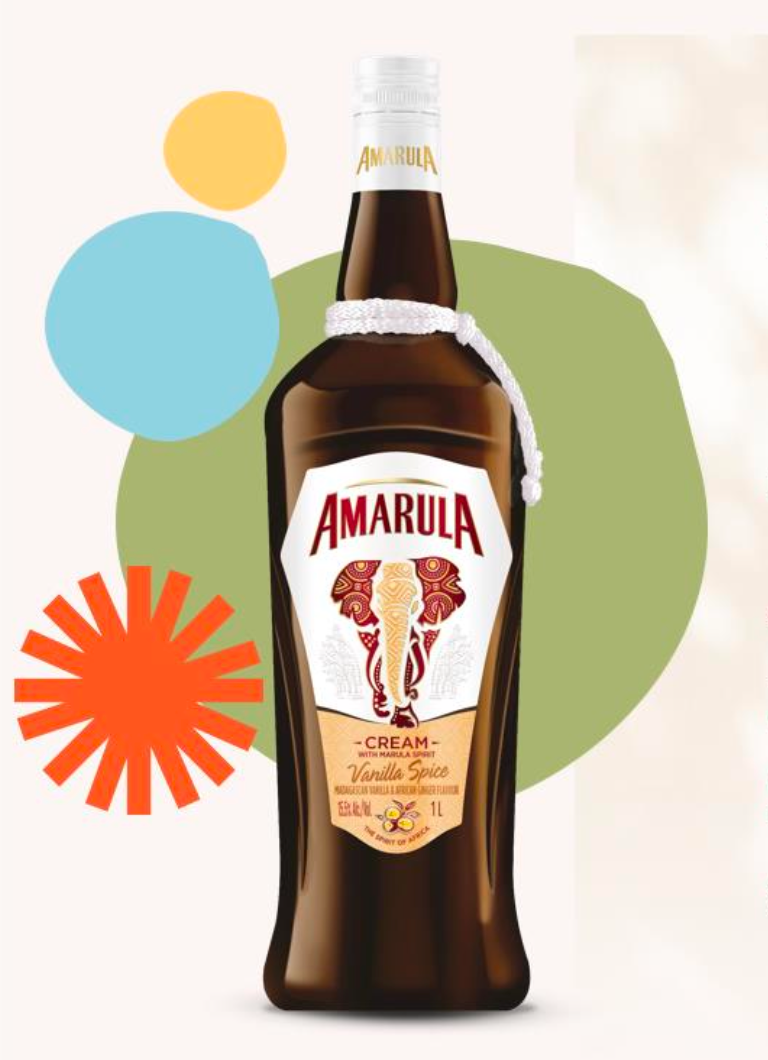 Amarula cream liqueur bottle with colorful abstract shapes in the background