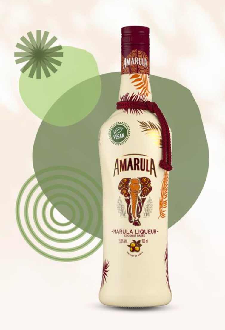 Amarula liqueur bottle with decorative elements on a light background