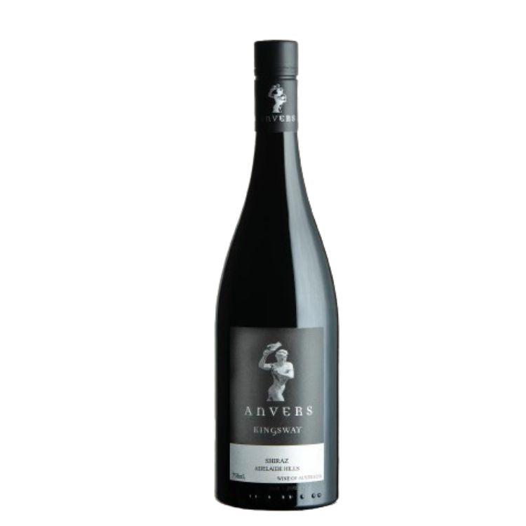 A bottle of Anvers Kingsway Shiraz 2020 red wine with a dark label and the brand name visible.