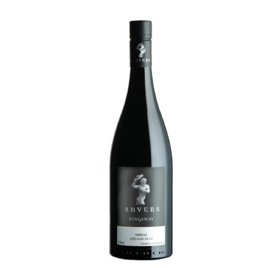 A bottle of Anvers Kingsway Shiraz 2020 red wine with a dark label and the brand name visible.