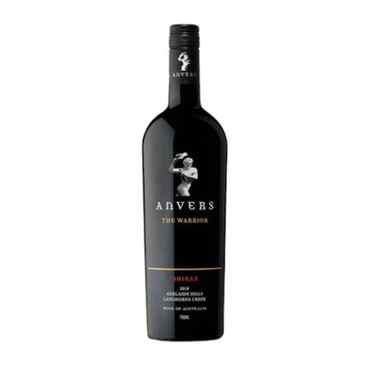 A bottle of Anvers The Warrior Shiraz 2018 red wine with a label showing the brand, variety, and vintage information.