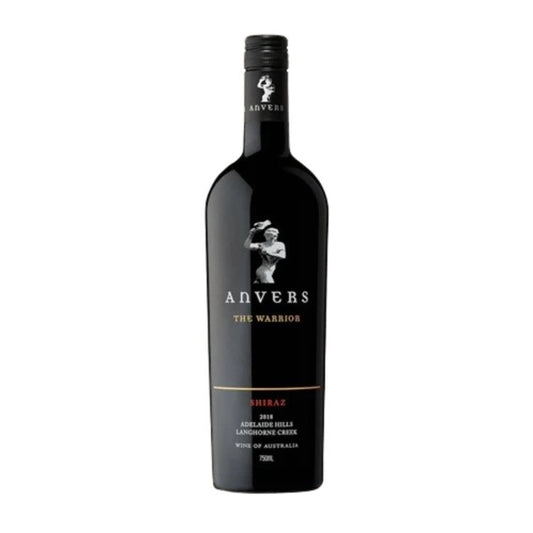 A bottle of Anvers The Warrior Shiraz 2018 red wine with a label showing the brand, variety, and vintage information.