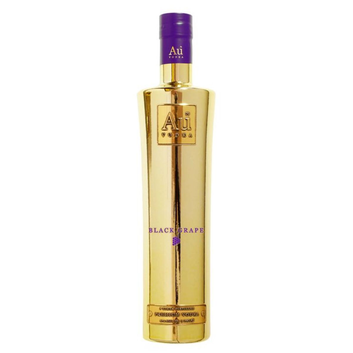 Gold bottle with purple cap on a white background