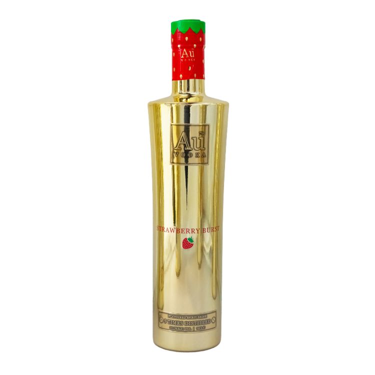 Gold bottle with red cap featuring strawberry design on a white background