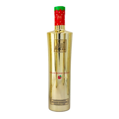 Gold bottle with red cap featuring strawberry design on a white background