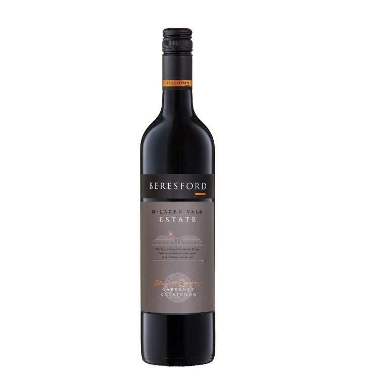 A bottle of Beresford Estate Cabernet Sauvignon 2019 wine with a label that includes the brand name and the variety of the wine.