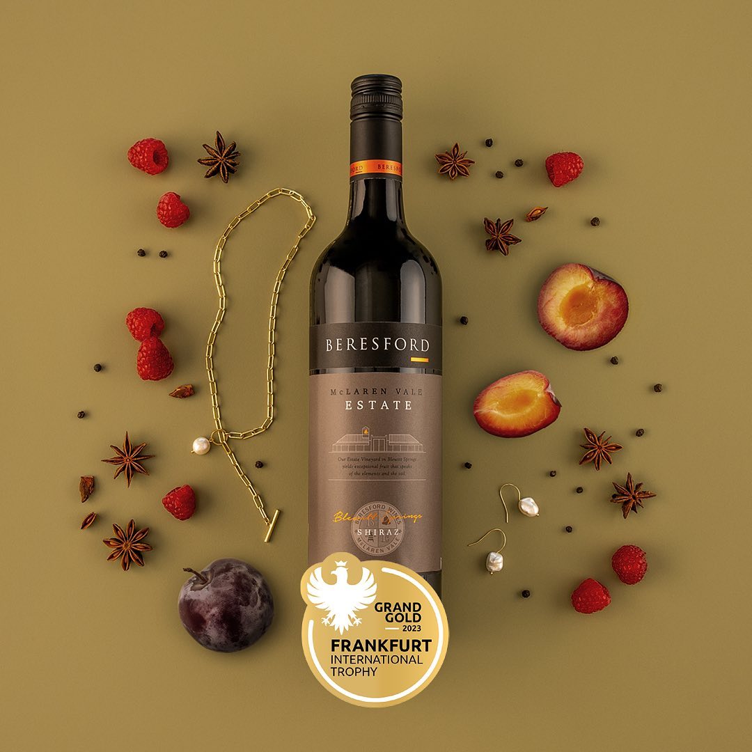 Beresford Estate Shiraz 2019 Red Wine with autumn concept shot