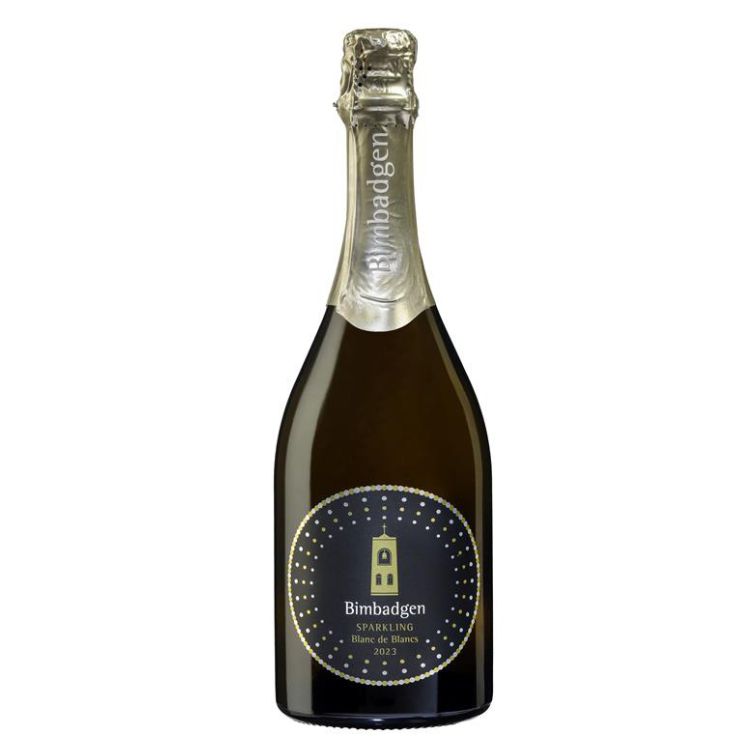 A bottle of Bimbadgen Blanc De Blanc sparkling wine with a label featuring the brand name and the text 'Hunter Valley'.