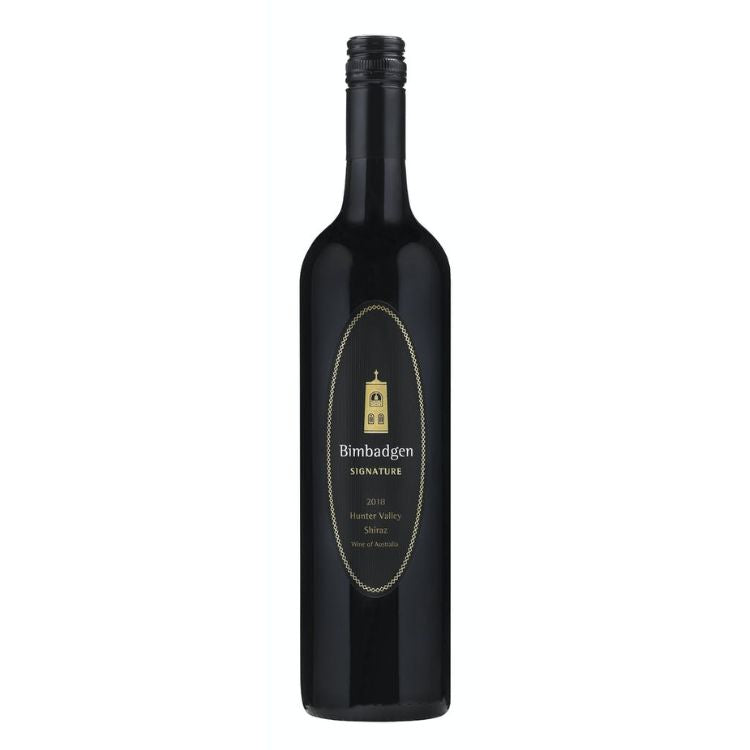 Wine bottle with Bimbadgen label on a white background