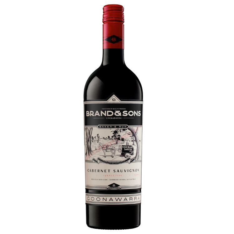 A bottle of Brand & Sons Baker's Run Cabernet Sauvignon 2019 red wine with a label depicting a vintage illustration.