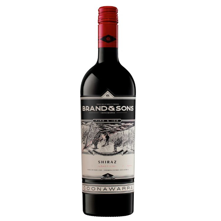 A bottle of Brand & Sons Fire & Ice Shiraz 2019 wine with a label showcasing the brand, product name, and an illustration of a person standing in a vineyard.