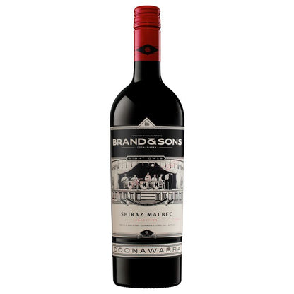 Bottle of Brand & Sons Night Owls Shiraz 2019 wine with a deep purple label and red capsule, set against a white background.