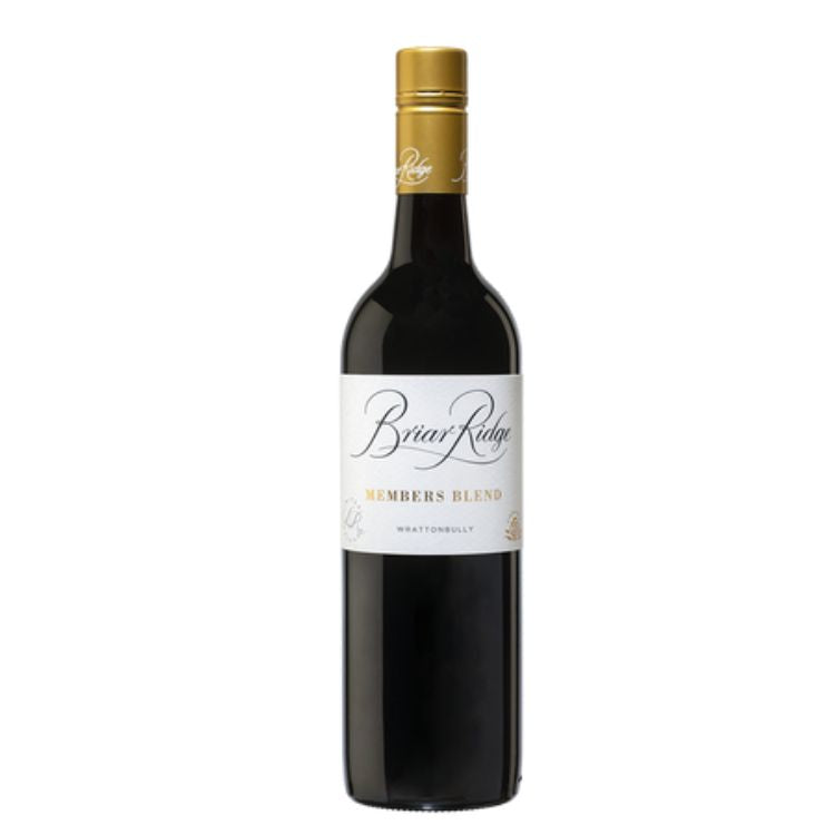 A bottle of Briar Ridge Members Blend wine with a deep ruby garnet hue.