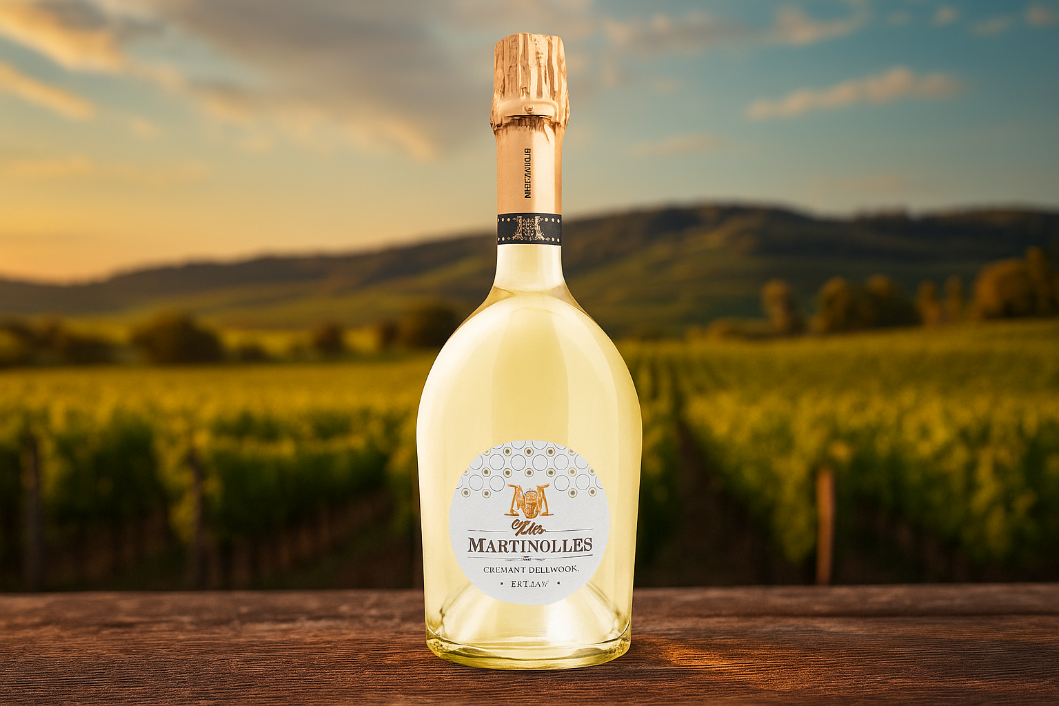 Bottle of Martinolles wine with a scenic vineyard background