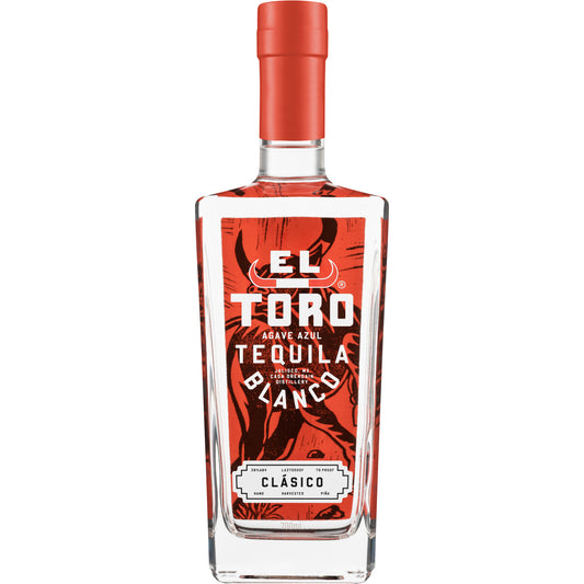 A bottle of El Toro Tequila Clasico Blanco with a red label and cap, displaying the brand and product name.