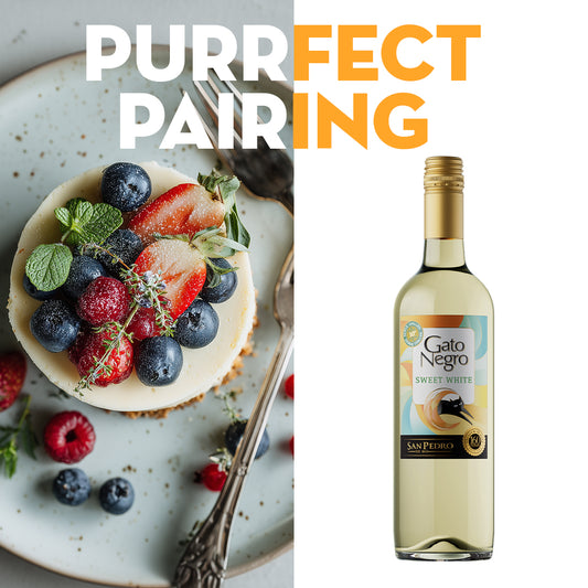 Bottle of Gato Negro sweet white wine with a dessert featuring berries on a plate, with 'Purrfect Pairing' text.