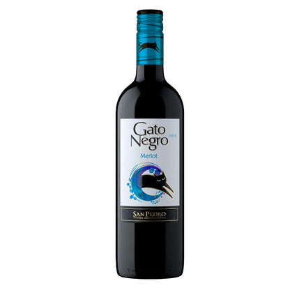A bottle of Gato Negro Merlot wine with a predominantly black label featuring a graphic of a black cat, set against a white background.
