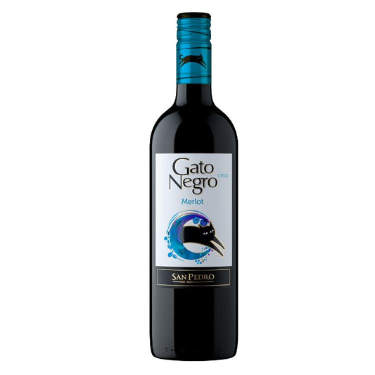 A bottle of Gato Negro Merlot wine with a predominantly black label featuring a graphic of a black cat, set against a white background.