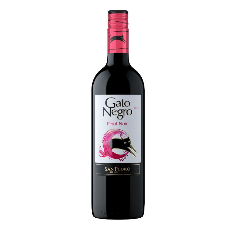 Bottle of Gato Negro Red Wine Pinot Noir with a pink label and a black logo featuring a cat.