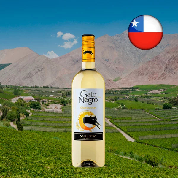 Mountain backdrop with focus point on Gato Negro White Wine Chardonnay 